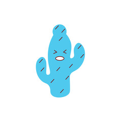 Crying blue cartoon cactus character with closed eyes. Funny, distressed vector illustration of a succulent plant for humor, emoticon, and tropical/desert themes