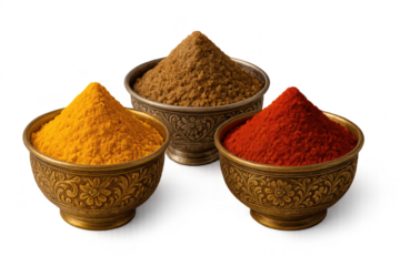 Three ornate bowls filled with vibrant spices against a transparent background.