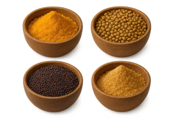 Assorted vibrant spices and herbs in wooden bowls on a transparent background