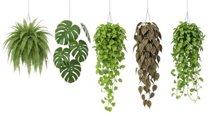 Collection of hanging houseplants isolated on white background