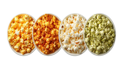 Set five flavors of Popcorn in a white bowl, top view isolated on a white background