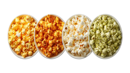 Set five flavors of Popcorn in a white bowl, top view isolated on a white background