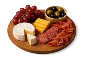 Charcuterie board, cheese, grapes, olives, meats, transparent background