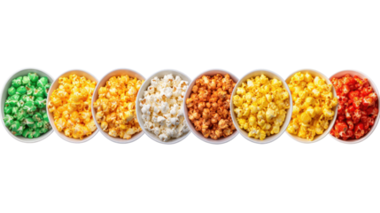 Set five flavors of Popcorn on a white bowl, top view isolated on a white background