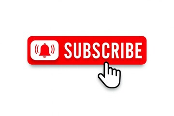 Red subscribe button with notification bell icon and cursor hand pointing to it on white background