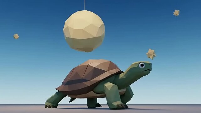 A low poly turtle walks towards a floating geometric sphere under a clear blue sky.