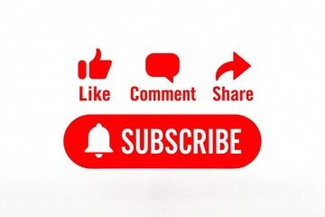 Red youtube subscribe button with notification bell and icons for like comment and share on a white background
