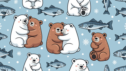 Seamless winter pattern with cute hugging polar and brown bears holding fish in snow