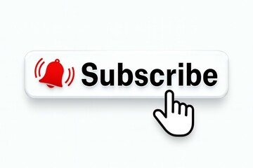 Animated red bell icon and hand cursor pointing to a white subscribe button on a white background