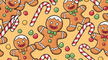Seamless pattern with happy gingerbread men and festive candy canes for holiday backgrounds