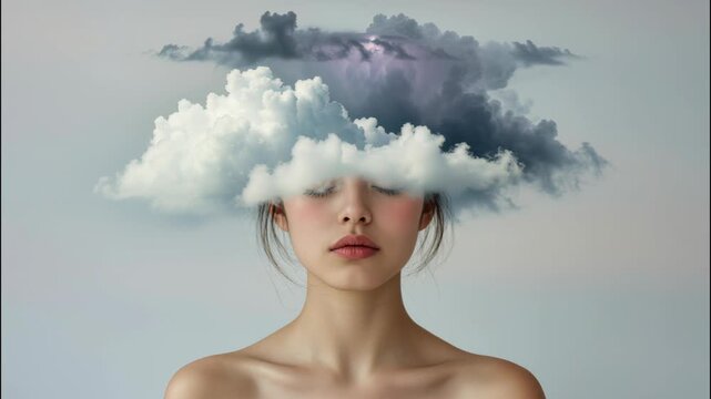 Captivating blend of nature and emotion with stormy clouds above a serene face