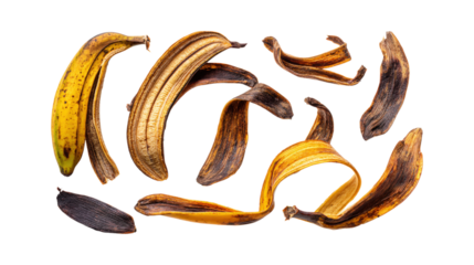 set of banana peels isolated, food waste or kitchen scrape management concept, collection in different angles