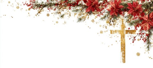 Obraz na płótnie Canvas Golden Jesus Cross with Christmas flower decoration on blank background. Religion faith worship spirituality concept. Generative AI technology.