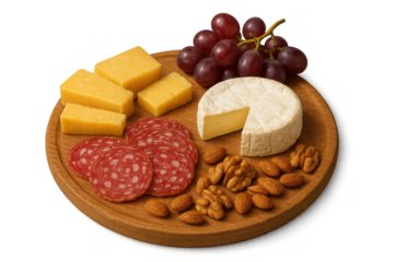 Cheese, salami, grapes, nuts on wooden board. Clean transparent background.