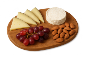 Cheese board with grapes, almonds, and artisan cheeses on a transparent background
