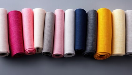 A row of colorful linen fabric rolls showcases various textures and shades, perfect for textile design and fashion projects