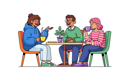 Three friends enjoying coffee and conversation at a cafe table