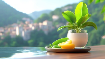 Serene scene of lemons, a plant in a glass, and calm water, set against a blurred picturesque mountain village backdrop