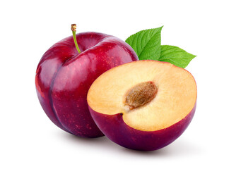 Red plum with half cut isolated on white.