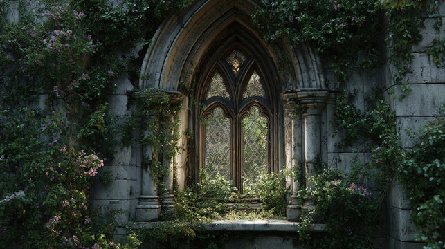 An old window overgrown with lush vines, evokes a sense of mystery and history