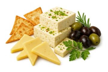 Feta and yellow cheese, olives, crackers arranged, transparent background