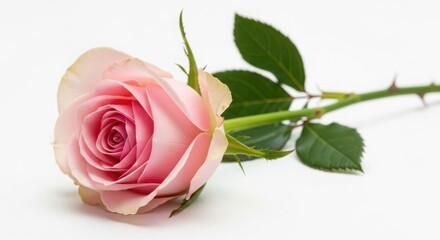 Fototapeta premium Soft pink rose lying on its side isolated on white background