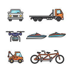 Flat Design Transportation Icons Set: drone, truck, speed boat, bicycle, car.