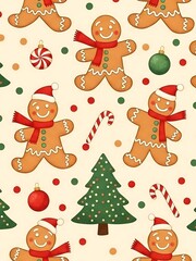 Fototapeta premium Festive Gingerbread Men and Christmas Decorations Seamless Pattern.