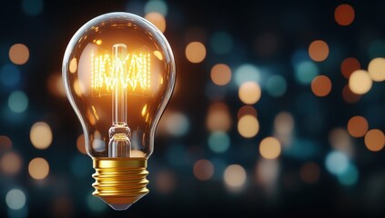 A bright incandescent light bulb illuminates against a bokeh background, symbolizing ideas and innovation