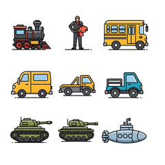 Flat Design Transportation Icons Set: school bus, locomotive, tank, van,submarine, police.