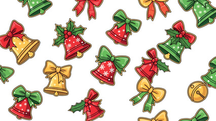 Vibrant seamless Christmas bells and colorful holiday bows pattern for wrapping paper