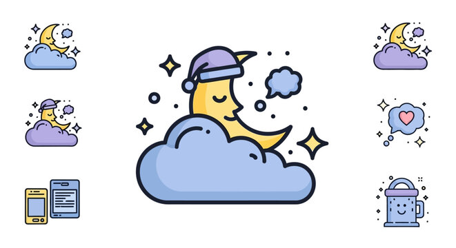 Dreamy Moon Resting on Cloud with Stars and Sleep Hat.