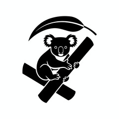 Koala silhouette resting on branch with curved leaf vector illustration © Sumona