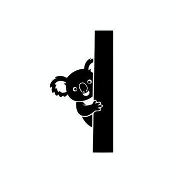 Koala silhouette peeking from behind branch corner vector illustration