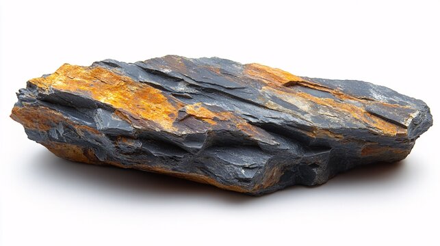 Isolated oil shale against a white background. The fractured texture showcases a chaotic arrangement, highlighting the natural layering and mineral composition of this sedimentary rock