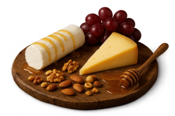 Delicious cheese board with honey, grapes, and nuts on a transparent background.