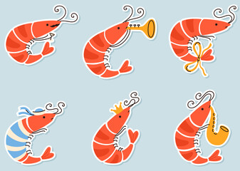 Set of funny shrimp character stickers.