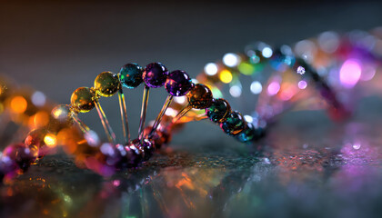 Colorful DNA helix structure on an abstract background. macro view of beautiful genetic molecule representing biotechnology, science, and medical research innovation