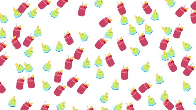 Many red drinks with straws and green ice creams float on white. Suitable for summer party invitations or beverage menus.