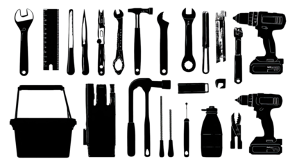 Vector set of construction tools silhouette icons: hammer, wrench, screwdriver, pliers, knife, scissors, and brush on white