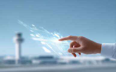 Focused businessman finger touching glowing future technology interface. Innovative network connection at an airport, symbolizing global business travel and modern data