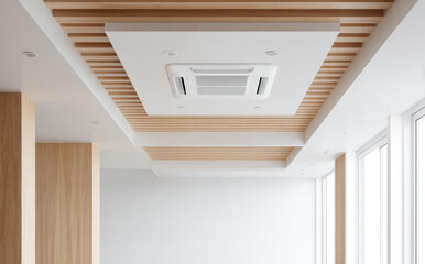 Modern interior design with white ceiling mounted cassette air conditioner for cooling and ventilation system. clean, minimalist room features wood accents for calm feeling