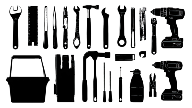 Vector set of construction tools silhouette icons: hammer, wrench, screwdriver, pliers, knife, scissors, and brush on white - Powered by Adobe