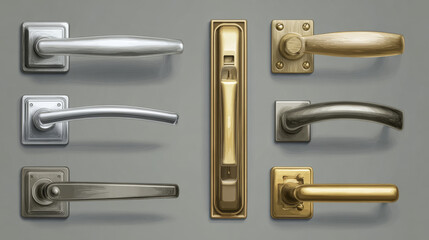 &ldquo;A realistic vector set of door handles and interior hardware, featuring various metal designs including steel, straight classic, and curved modern handles in silver and gold, ideal for furniture