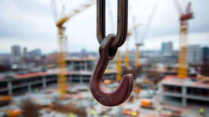 Close-up of a crane hook set against a blurred construction site. The hook is red and rusty, suspended in front of towering cranes and city buildings under a cloudy sky.