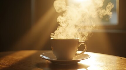 Hot Drink in White Cup with Steam