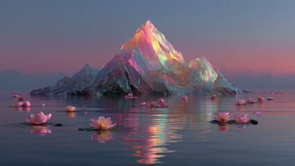 Iridescent Crystal Mountain Rising Above Calm Water with Pink Lotus Flowers at Sunset © Designbrisa