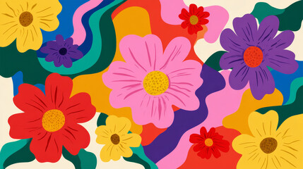Obraz premium “A retro groovy floral illustration in wavy, naive style, featuring vibrant organic flowers and shapes, designed as a vector for posters, social media, or packaging.”