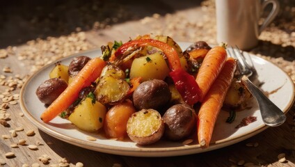 Roasted root vegetables with herbs on a plate, coffee, and oat groats on a wood table