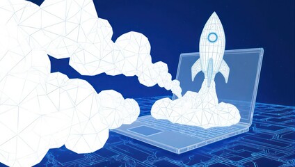 Rocket Launching from Laptop Screen - Digital Startup Concept.